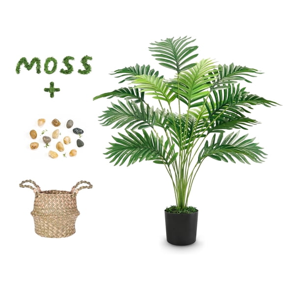 Miracliy 1 Pack 70cm Artificial Areca Palm Plant with Basket, Black Pot & Moss for Home Floor Decor