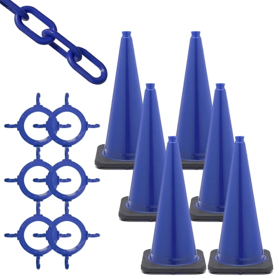 28 Inch Traffic Blue Traffic Cone and Chain Kit (6 Pk)