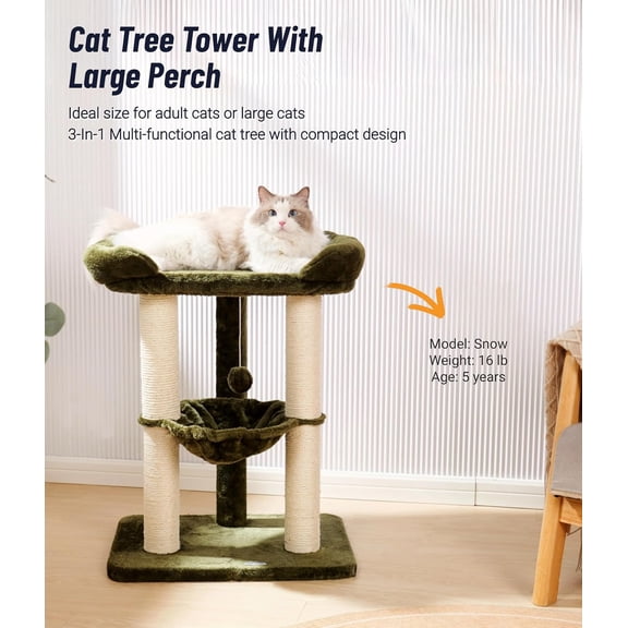 28 Inch  Tree Tower with Hammock and Scratching Post for Large Cats