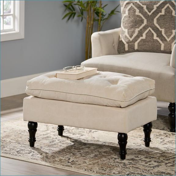 28-Inch Tufted Pillow Top Foot Stool | Birch Legs | Living Room Extra Seating | Cream Fabric