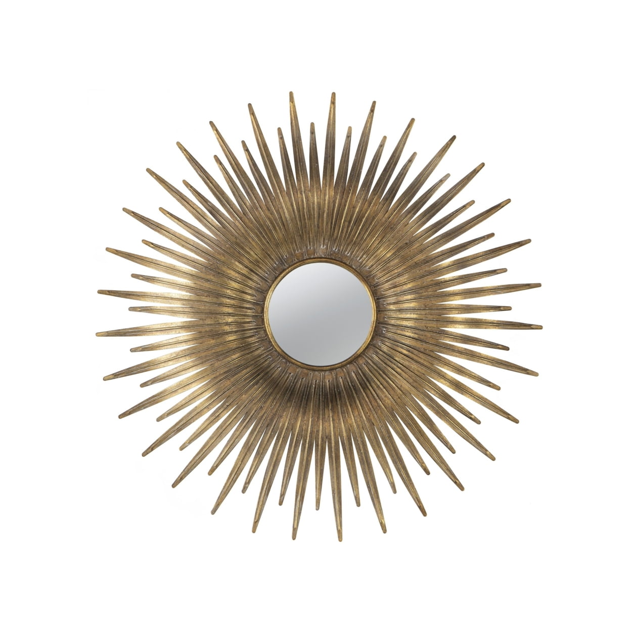 28 Inch Wall Mount Accent Mirror with Round Sunburst Iron Frame, Gold