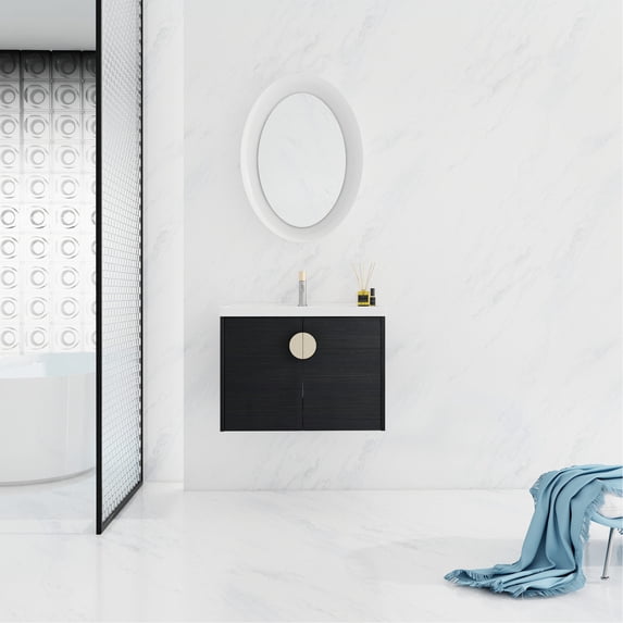 28 Inch Wall Mounted Bathroom Vanity | Ample Two - door Storage for Bathroom | Three - layer Glazed Ceramic Basin | Scratch & Water - Resistant Vanity Surface