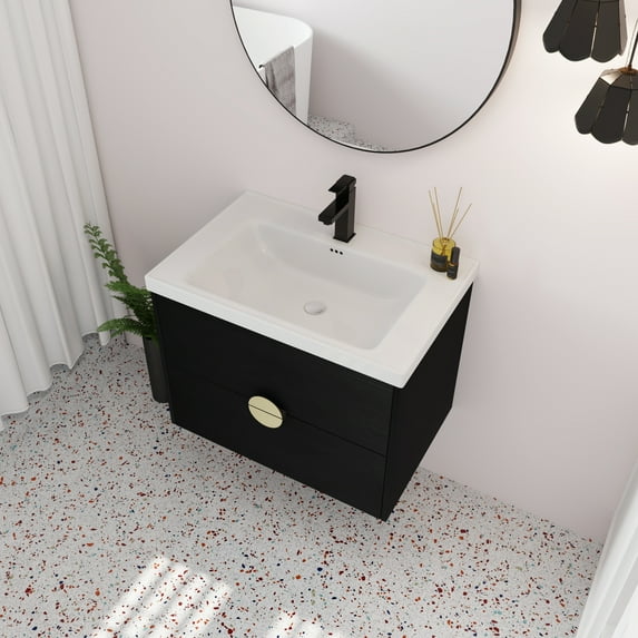 28" Bathroom Vanity Cabinet with Ceramic Sink Wall Mounted Bathroom Cabinet for Small Bathroom, Black