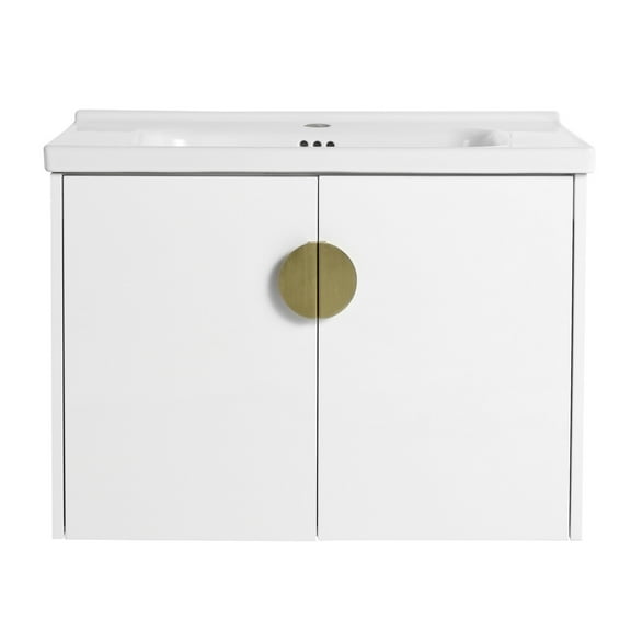 28 Inch Wall Mounted Bathroom Vanity with Ceramic Basin, Bathroom Sink Cabinet with 2 Soft Close Doors Gold Metal Handle for Small Room, Gloss White