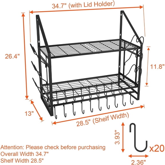 28 Inch Wall Mounted Pot Rack with 20 Hooks & 6 Lid Holders, Heavy Duty Steel Kitchen Organizer