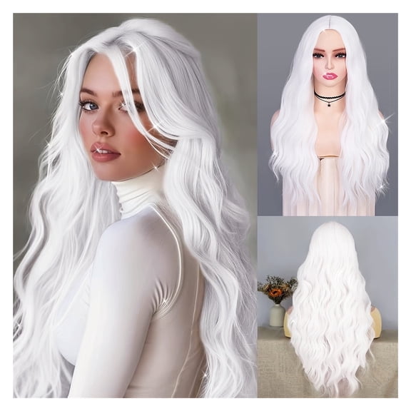 28 Inch White Curly Wavy Synthetic Hair Wig for Women - Heat Resistant Fiber, Perfect for Cosplay and Parties