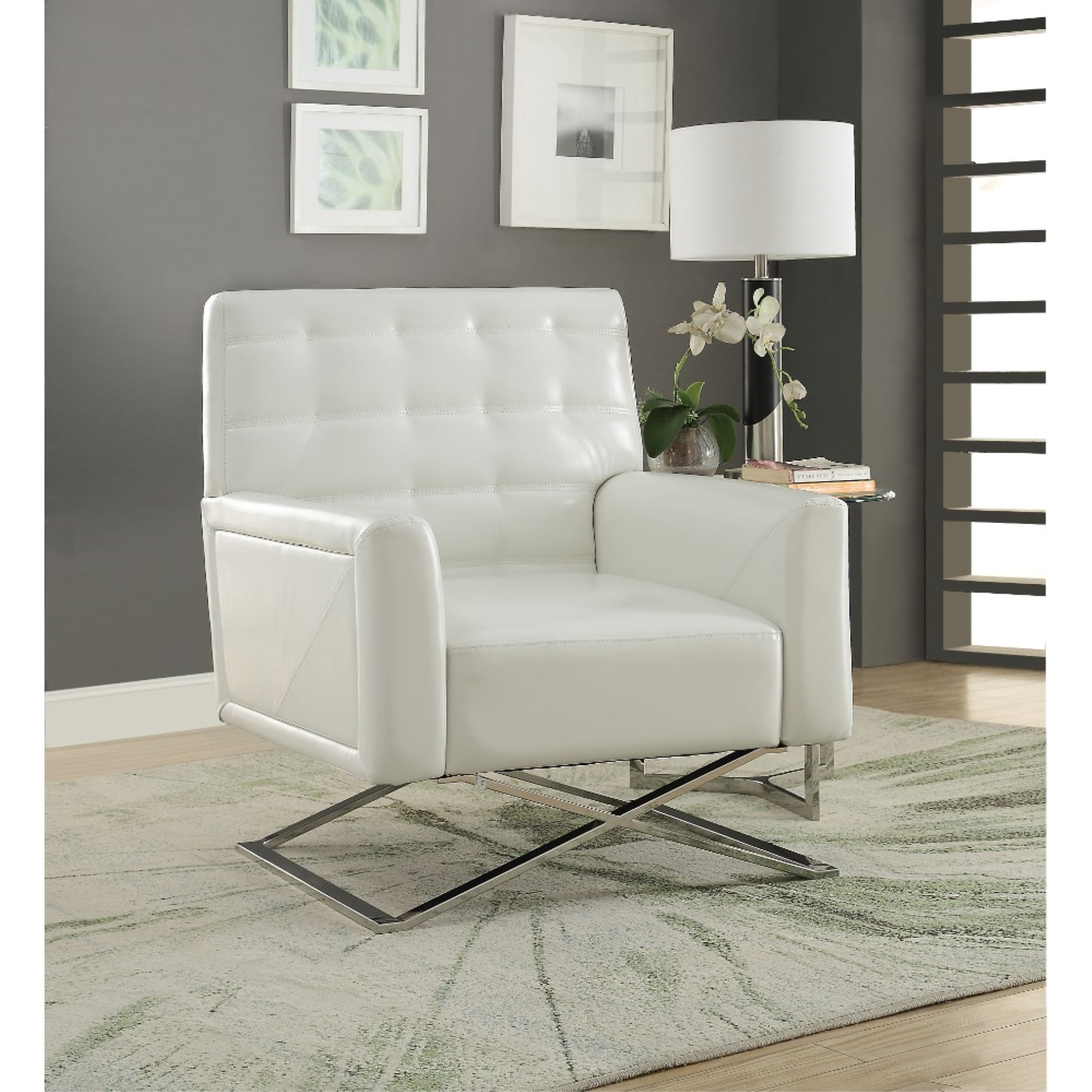 28 Inch Wide Accent Armchair, Metal, Vegan Faux Leather, White ...