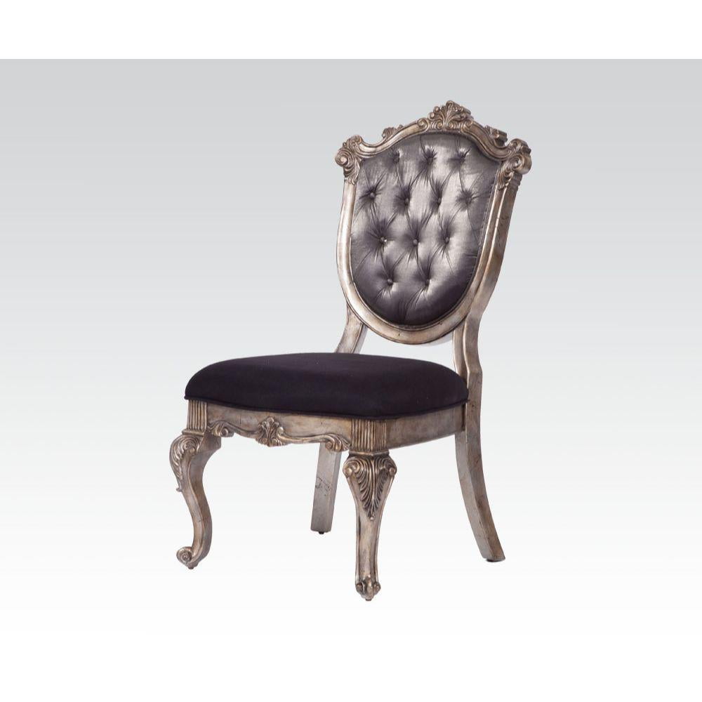 Antique Platinum Wood Side Chair with Silver Gray Silk-Like Fabric