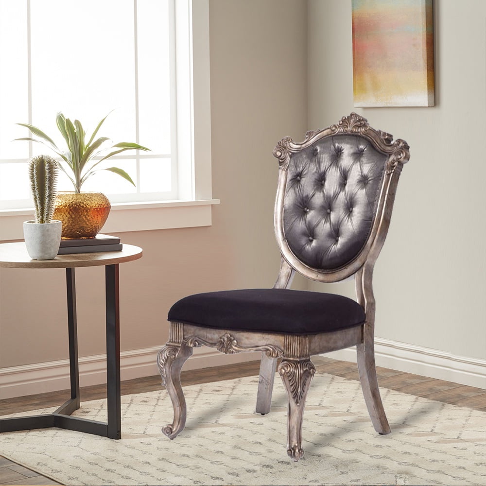 Antique Platinum Wood Side Chair with Silver Gray Silk-Like Fabric