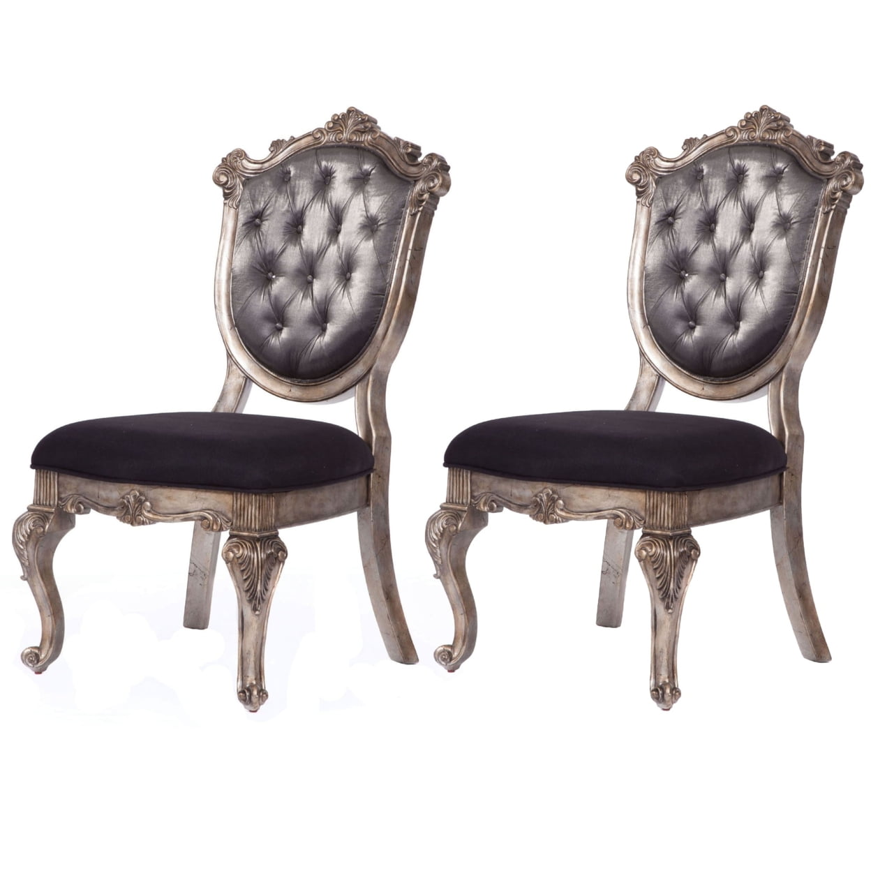 Antique Platinum Wood Side Chair with Silver Gray Silk-Like Fabric