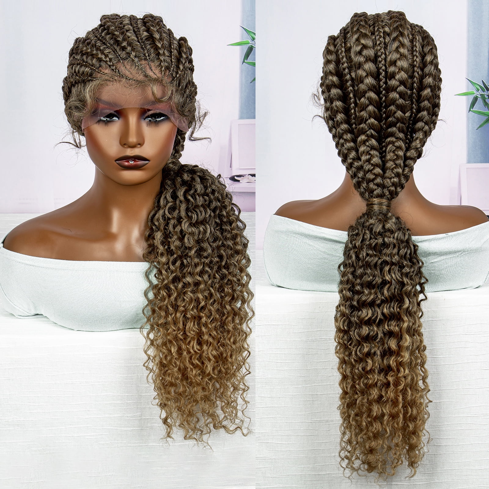 28 Inches Lace Frontal Synthetic Braided Wigs Lace Front Braided Ponytail Wig Natural Knotless with Baby Hair for Black Women Daily Use (1B/27 Color)