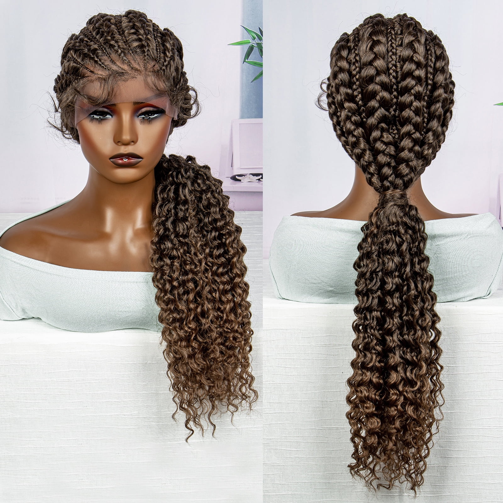 28 Inches Lace Frontal Synthetic Braided Wigs Lace Front Braided Ponytail Wig Natural Knotless with Baby Hair for Black Women Daily Use (1B/30 Color)