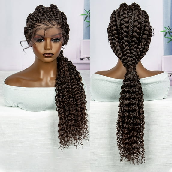 28 Inches Lace Frontal Synthetic Braided Wigs Lace Front Braided Ponytail Wig Natural Knotless with Baby Hair for Black Women Daily Use (1B/33 Color)
