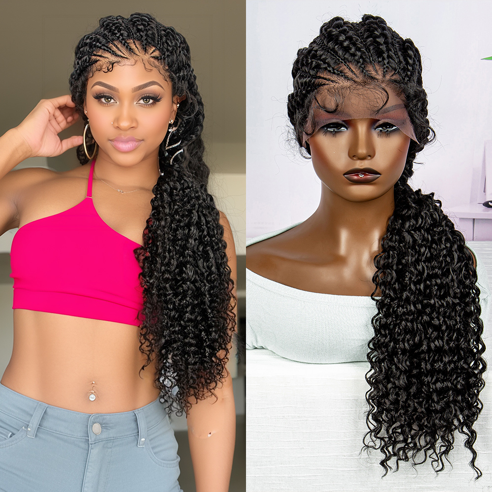 28 Inches Lace Frontal Synthetic Braided Wigs Lace Front Braided Ponytail Wig Natural Knotless with Baby Hair for Black Women Daily Use (1B Color)