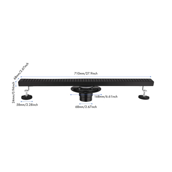 28 Inches Linear Shower Drain with Removable Quadrato Pattern Grate,304 Stainless Shower Drain Included Hair Strainer and Leveling Feet,Flange,Matte Black Stainless Steel Bath Faucets Bathroom