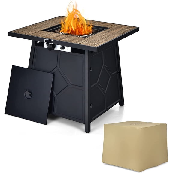 28 Inches Propane Fire Pit Table, 40,000 BTU Square Fire Table with Lid, Lava Stone, Waterproof Cover and Instant Touch-Up Pen, Outdoor Dining Gas Fire Pit Table with Adjustable Flame