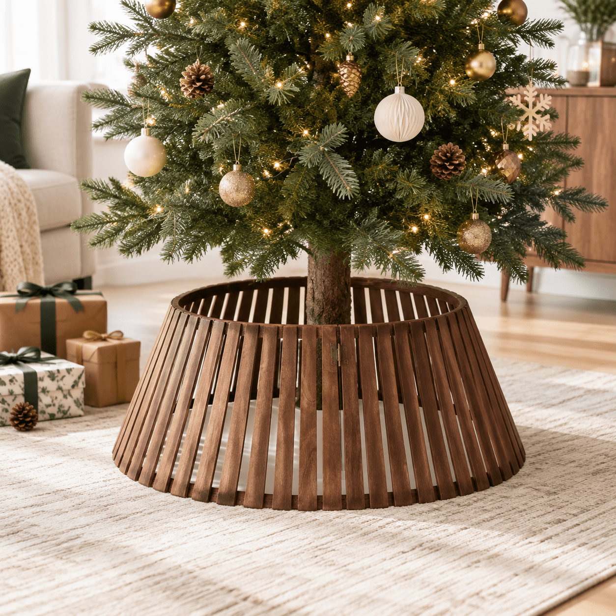 28 Inchmas Tree Collar Solid Wood Slatted Base Cover Basket-style Skirt ...