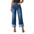 thumbnail image 1 of 28" Inseam Women’s High Waisted Wide Leg Jeans Stretchy Cuffed Denim Pants Trendy Baggy Boyfriend Style with Pockets Dark Blue XXL, 1 of 6