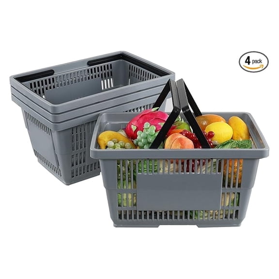 28 L Shopping Basket with Handles, 4 Pcs Reusable Plastic Grocery Baskets, Gray