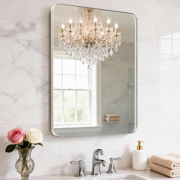 28"L x 24"W Brushed Nickel Rounded Rectangle Wall Mirror with Tempered Glass