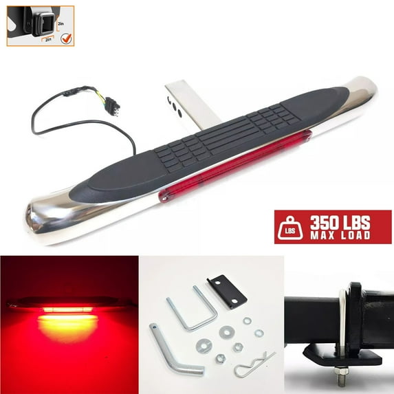 28" L x 3" H Towing Hitch Step Bar Drop Step 2" Receiver Chrome Red LED Brake Stop Light Bar Rear Bumper Guard Anti Slip Pad Universal Truck RV Trailer
