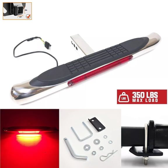 28" L x 3" H Towing Hitch Step Bar Drop Step 2" Receiver Chrome Red LED Brake Stop Light Bar Rear Bumper Guard Anti Slip Pad Universal Truck RV Trailer