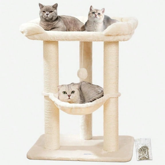 28 Large Cat Tree Tower for Indoor Cats Cat Scratch Post with Large Bed for Maine Coon Big Cats Sisal Cat Scratcher with Soft Perch Hammock Stable Cat Stand Removable Cover-Beige