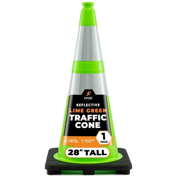 28” Lime Green Traffic Cone - 1 Pack - Dual 6" & 4" Reflective Collar – Multipurpose Premium PVC Safety Cone for Parking, Caution, Construction, Road Crews, Emergency Vehicle - Xpose Safety