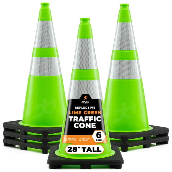 28 Lime Green Traffic Cone - 6 Pack - Dual 6" & 4" Reflective Collar Multipurpose Premium PVC Safety Cone for Parking, Caution, Construction, Road Crews, Emergency Vehicle - Xpose Safety