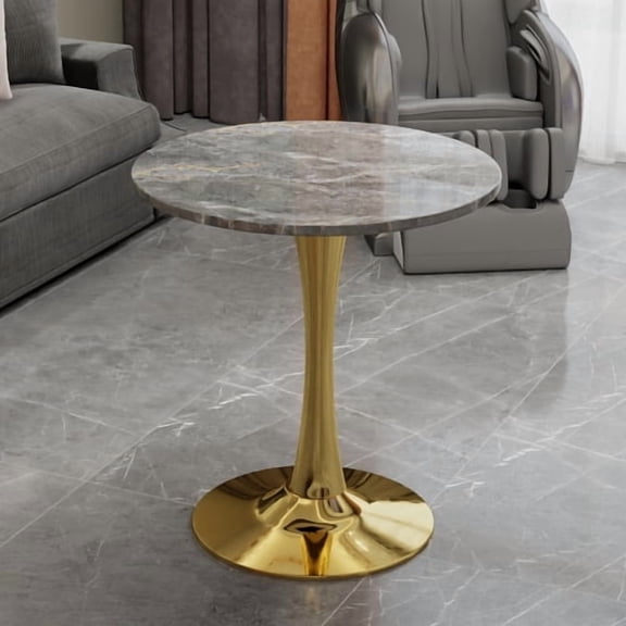 28" Marble Effect Modern Coffee Table, Mid Century Coffee Table with Stable Pedestal Base, Contemporary Coffee Table with Luxurious Look for Home Leisure Space, Gold