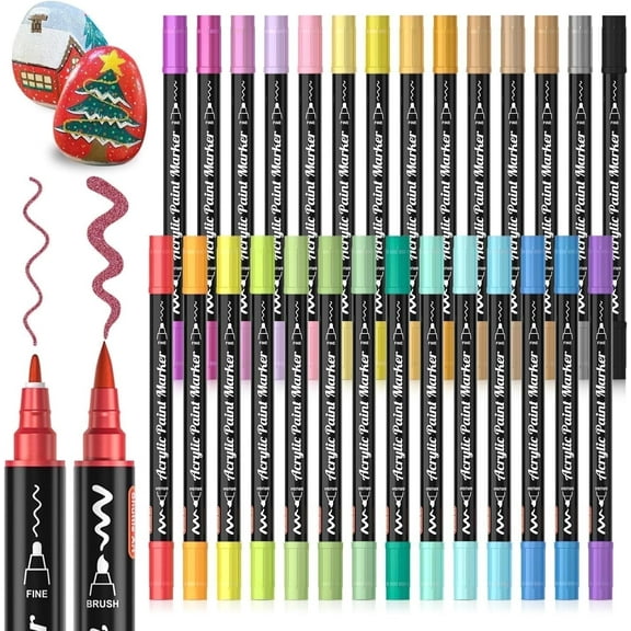 28 Metallic Colors Dual Tip Acrylic Paint Markers, Brush Tip and Fine Tip Acrylic Paint Pens for Rock Painting, Ceramic, Wood, Canvas, Plastic, Glass, Stone, Calligraphy, Card Making, DIY Crafts