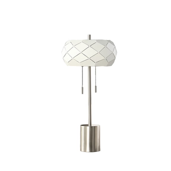 28" Mid-Century Danish 2-Light Steel Pull Chain Table Lamp | Brushed Silver Base with Patterned Laser-Cut Drum Shade