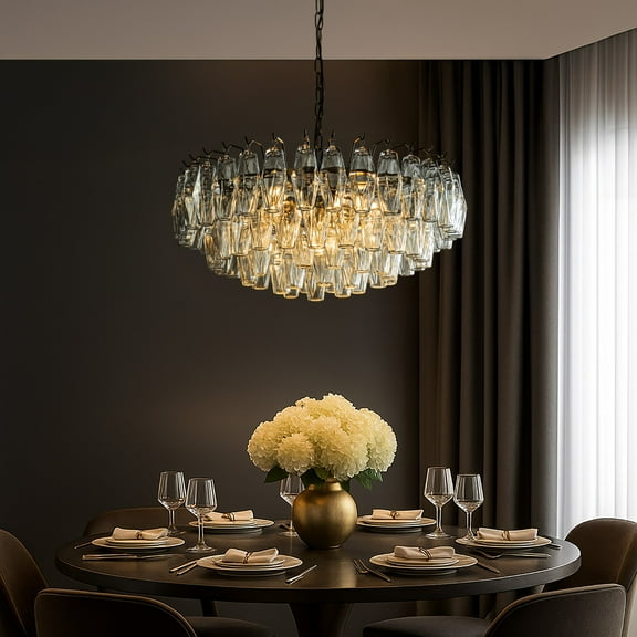 28'' Midcentury Modern Murano Glass Round Chandeliers 6-Light Handblown Glass Pendant Light Fixture Aged Bronze Finish For Dining Room Living Room