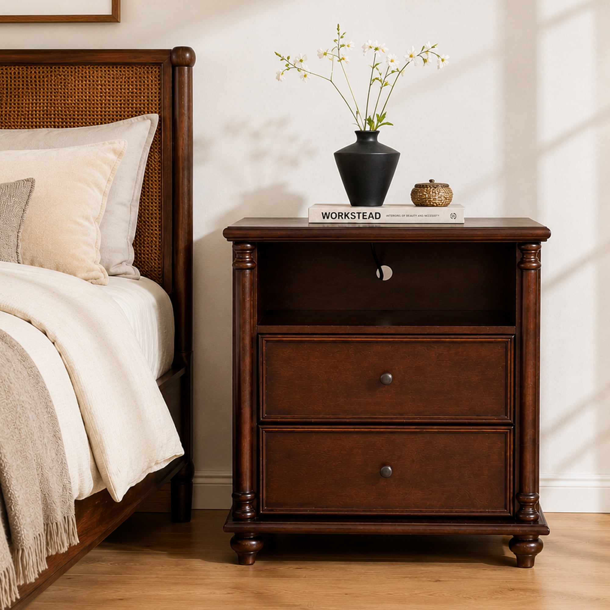 28" Nightstand with Charging Station, Rustic Brown Nightstand, 2 Drawers End Table, Bedside Table Walnut for Bedroom