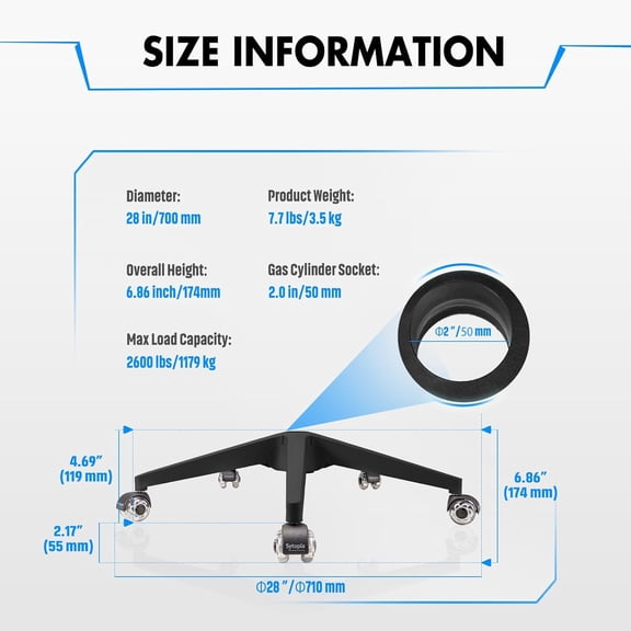 28" Office Chair Base Replacement with Wheels (Set of 5), 2600 lbs Heavy Duty Gaming Desk Chair Base, Smooth & Quiet Casters, Black