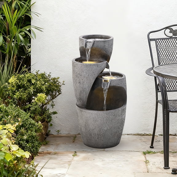 28" Outdoor Cascading Garden Water Fountain for Patio, Backyard, Deck, Porch and Home Decor, 3-Tiers Clay Pot Fountain with Lights