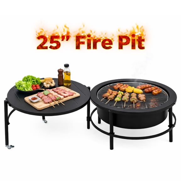 Large Wood Burning Fire Pit with 28" Rotating Wheeled Side Table, 3-In-1 Outdoor Metal Firepit with Screen Lid, Grill and Basting Brush for BBQ Patio Backyard Garden