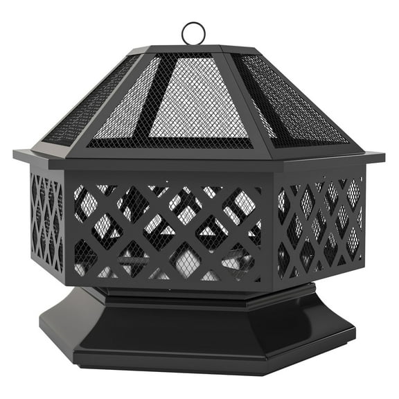28" Outdoor Fire Pit with Grill - Hexagon Wood Burning Fireplace - Spark Screen & Poker - Portable Patio Firepit for Camping