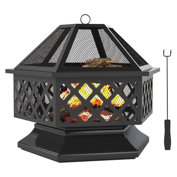 28" Outdoor Fire Pit with Grill - Hexagon Wood Burning Fireplace, Spark Screen, Poker
