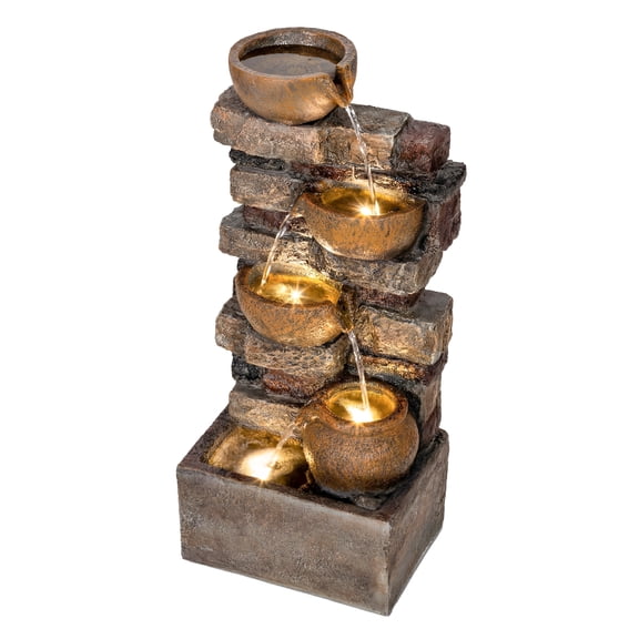28" Outdoor Fountain - 5 Tier Rustic Waterfall with LED Lights, Adjustable Flow, Garden Patio Decor