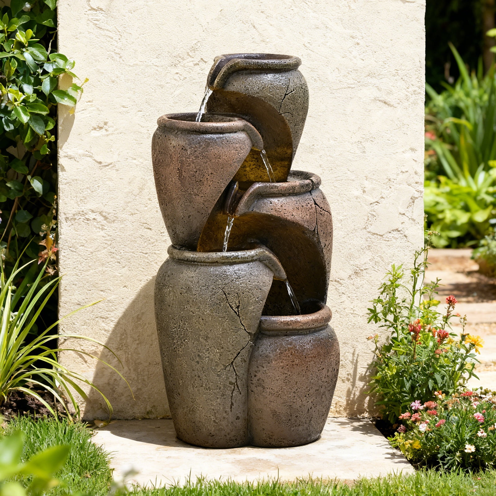 28" Outdoor Garden Water Fountain for Patio, Backyard, Deck, Porch and Home Decor, 4 Tiers Cascading Clay Pot Fountain with Lights & Pump
