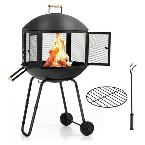 28 Outdoor , Rolling Patio Wood Burning Firepit with Lockable Doors, Fire , Pine Wood Handle & Wheels, Heavy Duty for BBQ Entertaining Camping
