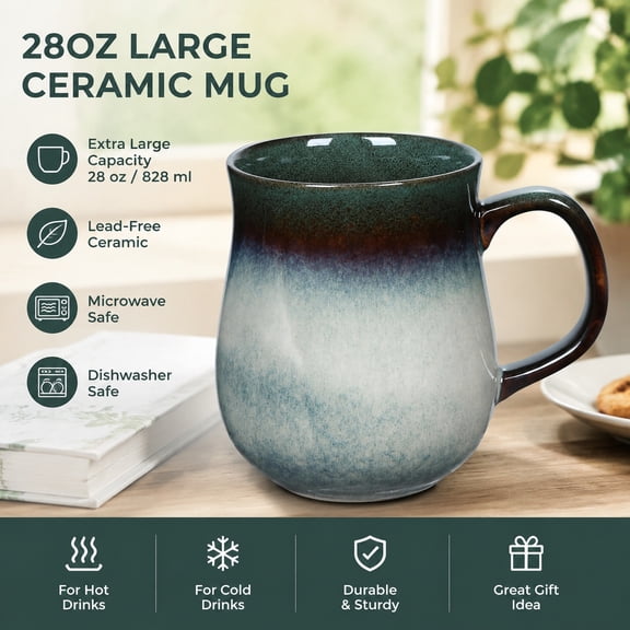 28 Oz Extra Large Ceramic Coffee Mug with Big Handle, Handmade Glazed Oversized Tea Cup, Microwave & Dishwasher Safe for Hot and Cold Drinks