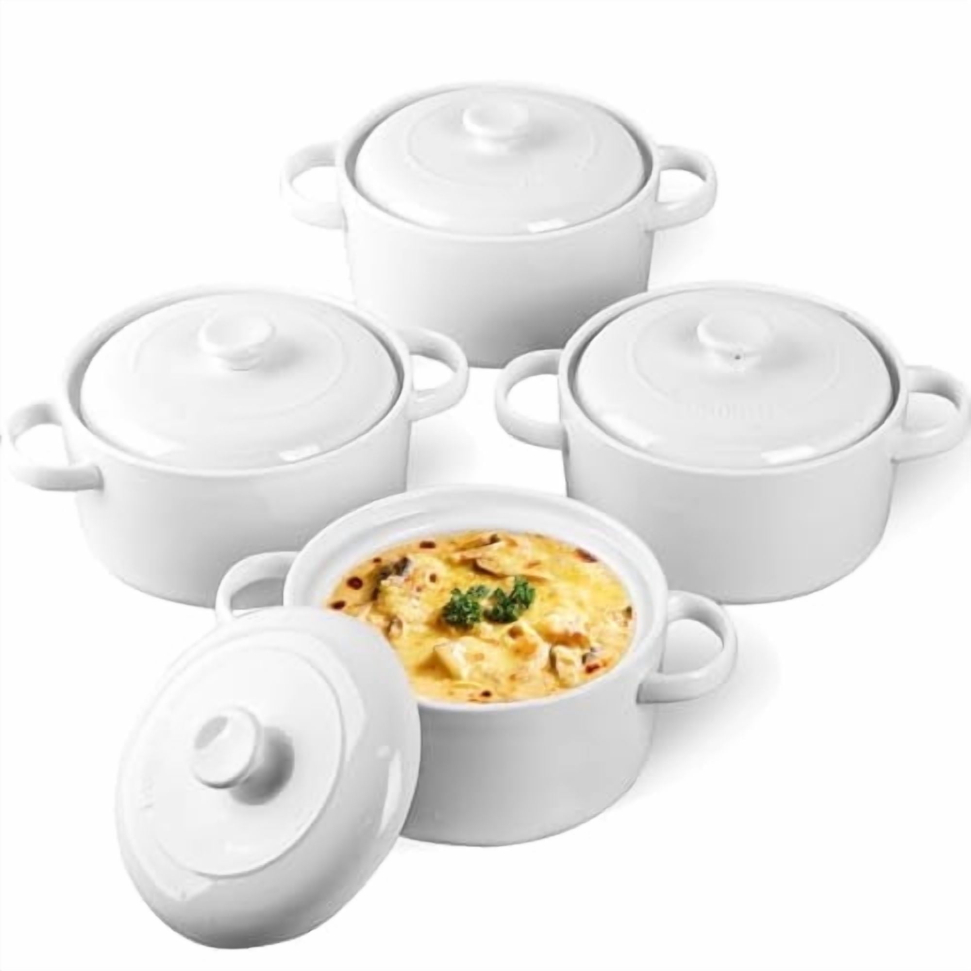 Delling Soup Bowls with Handles and Lids Ceramic Set of 4 28 oz, White