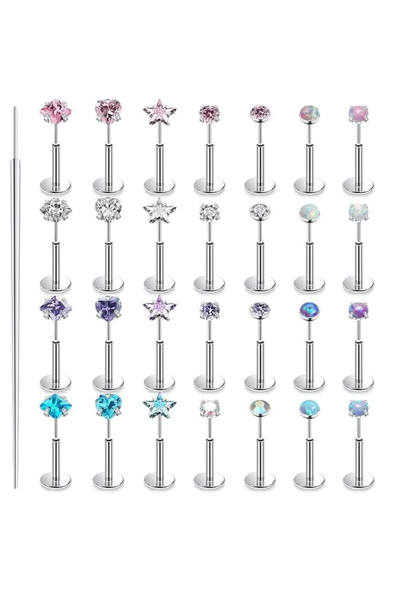 28 PCS 20G Threadless Nose Rings Studs Flat Back Earrings Hypoallergenic Surgical Stainless Steel Opal Nose Rings Stud Tragus Helix Conch Cartilage Earrings Piercing Jewelry For Women Men
