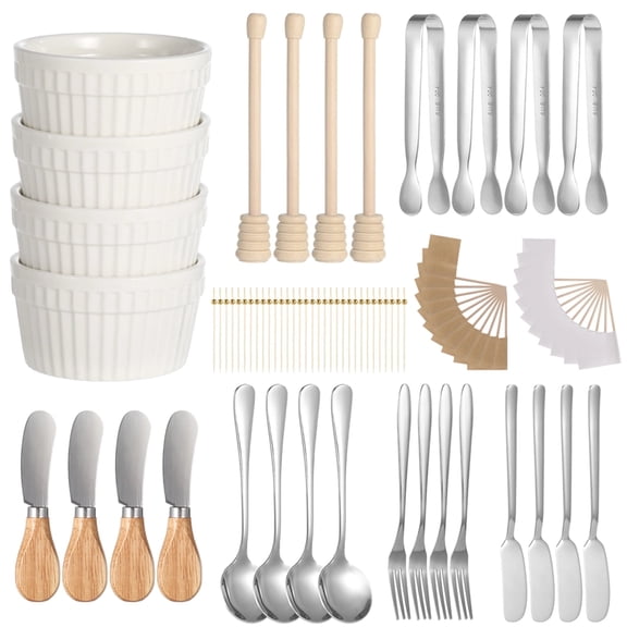 28 Pcs Tableware Set – Diverse Ceramic & Stainless Steel Cooking Utensils for Home, Includes Bowls, Scrapers, Forks, Honey Sticks & Stirrers, Multifunctional Kitchen Accessories for Charcuterie, De
