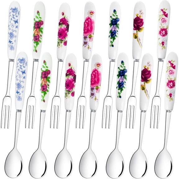 28 PCS Dessert Forks and Spoons Silverware Set with Ceramics Handle,Includes 1PCS Storage Bag,Stainless Steel Mini Coffee,Tea Spoons for Dessert Salad Appetizers