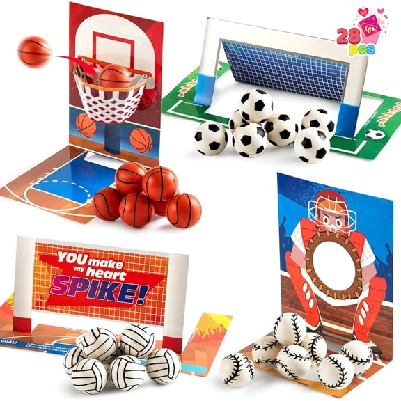 28 PCS Valentines Day Cards with Soccer Football Volleyball Basketball for Kids Valentine's Classroom Exchange, Valentine's Party Favors, Valentines Day Games Toys, Sports Game Cards
