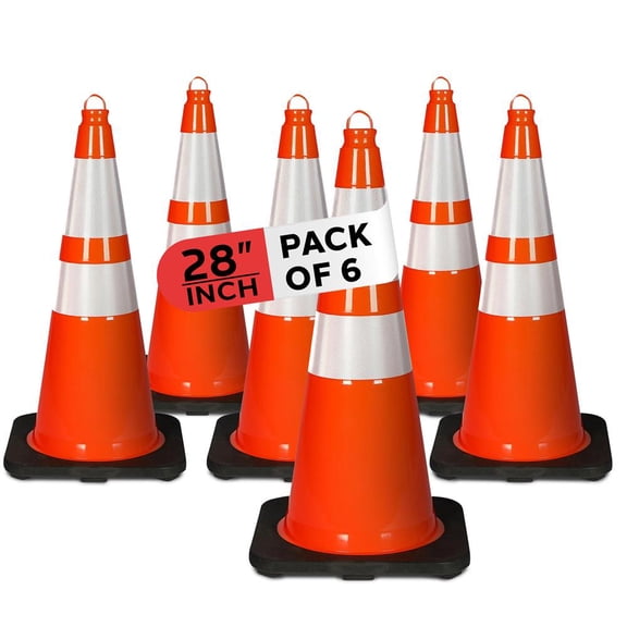 28" PVC Cone - 6 Pieces High Visibility Structurally Stable for Traffic, Parking, and Construction Safety (Orange)
