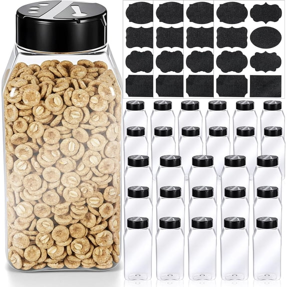 28 Pack 16 oz Plastic Spice Jars with Cap, Clear Empty Square Bottle Containers Reusable Large Seasoning Powder Storage Jars with Shaker Flip Lid and Stickers for Kitchen Storing Salt